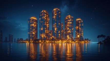 Obraz premium Illuminated skyscrapers, island, night, reflection, city, water, stars, luxury, resort, advertising