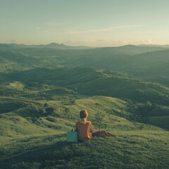 Fototapeta premium A cinematic, hyper-realistic photograph of a young woman sitting on a hilltop, watching a golden sunset over a lush green valley.