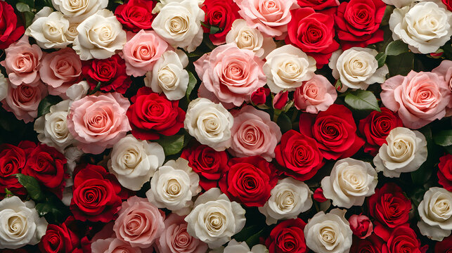 un fondo con textura de flores estilo rosa en colores vivos y llamativos en color rosa blanco y rojo con hojas verdes dise&ntilde;o floral plantilla con flores tapizado para evento de celebracion 