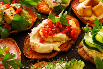 Sweet potato toasts with various vegetarian toppings, focus on the  toast with bean paste and paprika sauce, on a black background, close-up view