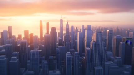 Fototapeta premium Futuristic city skyline at sunset with tall buildings and vibrant colors