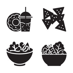 Vector Illustration of Various Food Items: Donuts, Drinks, Chips, and Salads