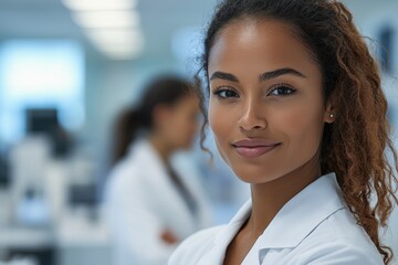 Fototapeta premium Healthcare professional posing confidently in a modern laboratory setting during daylight hours