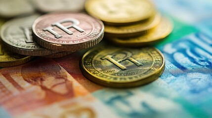 Romanian Leu coins on banknotes, close-up, finance, macro