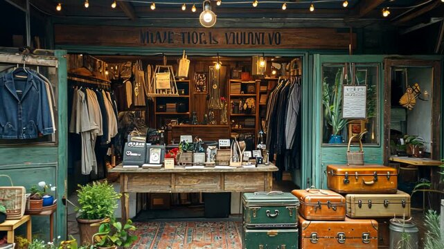 Vintage storefront displaying clothing and accessories with plants outside