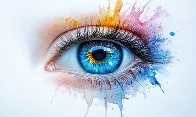 Vibrant Eye Illustration with Abstract Watercolor Splashes and Emotional Depth