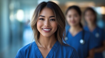 Fototapeta premium Friendly healthcare professional smiles confidently while standing with colleagues in scrubs at a modern hospital during the day