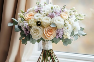 Obraz premium Elegant bridal bouquet with soft colors displayed near a window