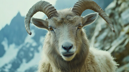 Fototapeta premium Close up Portrait of a Mountain Goat with Large Curved Horns in Snowy Alpine Environment