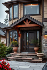 Luxury Home Exterior: Modern Stone Facade, Grand Entrance, and Landscaped Pathway