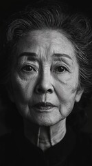 Fototapeta premium Portrait of an elderly woman showcasing wisdom and life experience in a dramatic black and white setting