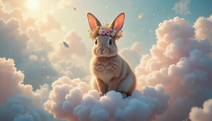 Blue glowing rabbit holding a golden orb under a full moon in a mystical nighttime field creating a fantasy wildlife scene with a soft and ethereal dreamlike atmosphere