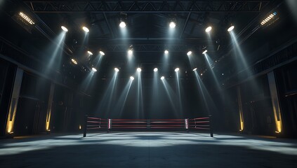 Dramatic wrestling ring bathed in intense spotlights ready for action and competition showcasing the excitement and spectacle of combat sports
