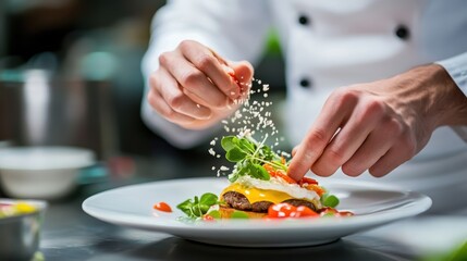 Chef garnishing gourmet dish with fresh herbs in fine dining restaurant