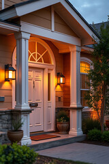 Fototapeta premium Elegant Home Exterior at Dusk: Inviting Porch and Warm Lighting. A perfect image for real estate websites and home design blogs.