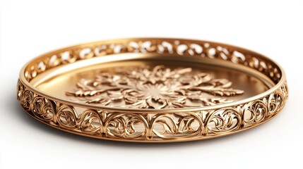 Lustrous gold toned decorative tray with intricate floral design, perfect for elegant displays