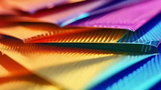Stacked iridescent padded mailing envelopes create a vibrant and textured abstract composition, showcasing a stunning gradient of colors that enhances visual appeal and depth