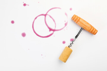 Corkscrew, cork and red wine stains on white background, top view