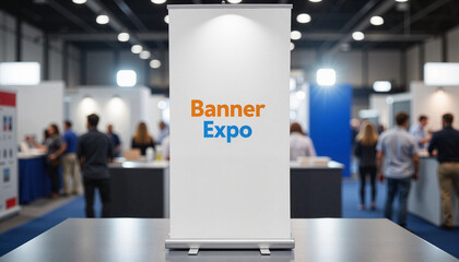 Pull Up Banner Mockup with Banner Expo design at event backdrop
