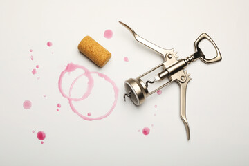 Wing corkscrew, cork and red wine stains on white background, top view