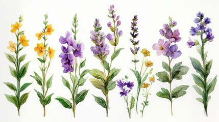 Fototapeta premium Watercolor Painting of Flowers and Herbs with Purple and Yellow Blossoms on White Background