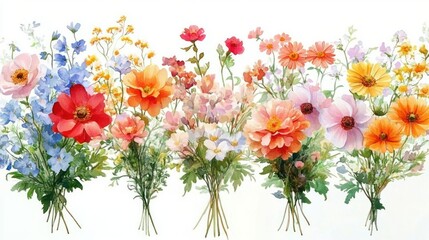 Vibrant Assorted Flower Bouquets in Watercolor Pastels Ideal for Floral Gifts and Decoration