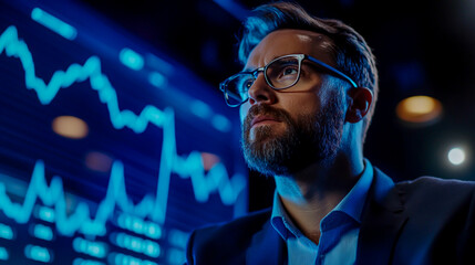 Professional businessman presenting a rising growth chart, analyzing financial data for strategic business planning and investment success