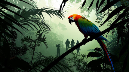 Obraz premium Guide Leading Tourists Through Tropical Jungle Adventure
