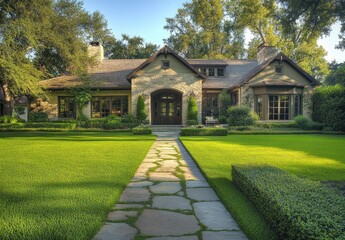 A beautiful home with a perfectly manicured lawn, showcasing the various landscaping and design elements that create an inviting atmosphere around it. 