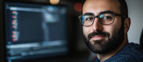 Fototapeta premium Portrait of a smiling man with glasses, working late at night in front of a computer.