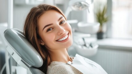 Young woman radiating confidence with a perfect smile after completing a dental checkup at the dentist's clinic, showcasing oral health