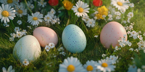 Pastel Easter eggs in the grass. Easter egg search
