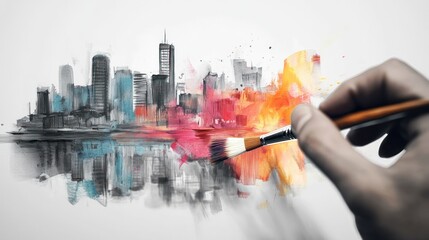 Hand painting vibrant city skyline watercolor.