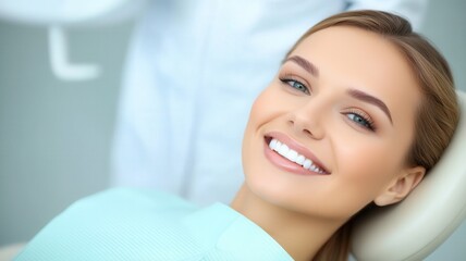 Fototapeta premium young woman smiles lying in the dentist chair at a bright, clean and well iluminated clinic, a doctor in his scrubs