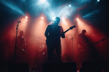 Dynamic Concert Scene with Musicians Silhouettes Under Dramatic Stage Lights