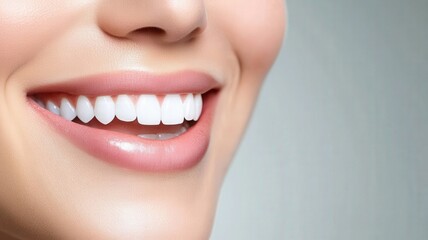 Obraz premium Smiling happy woman displaying pristine white teeth, representing optimal dental wellness and personal care standards