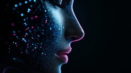Obraz premium A profile of a woman's face covered in glowing blue and pink particles against a dark background.