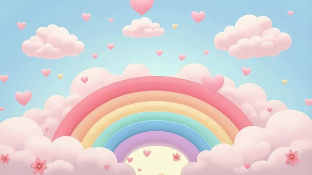 Whimsical rainbow arcs with floating hearts and clouds in dreamy sky