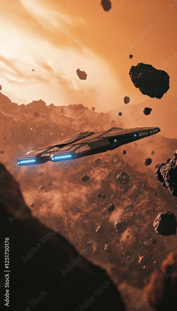 Fototapete Astonishing spaceship navigating through an asteroid field under a soft orange sky