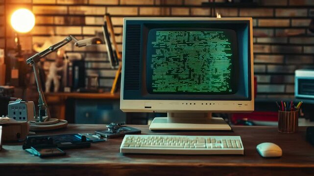 A classic computer shows green text on its screen in a cozy workspace filled with vintage items