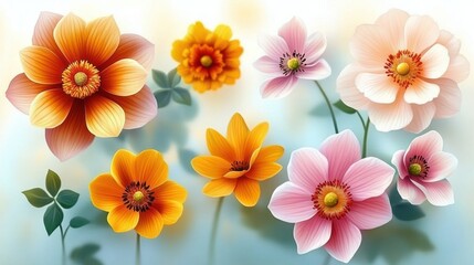 Obraz premium Colorful Spring Flower Illustration with Daffodil Sunflower Crocus Daisy Peony and Chrysanthemum in Watercolor Style