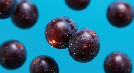 Floating purple grapes on vibrant blue background with a cosmic appearance
