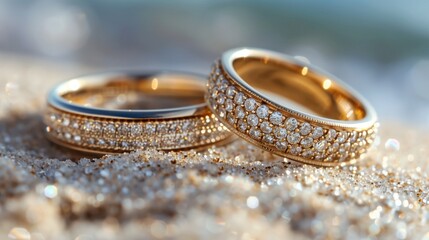 Golden Wedding Rings on white reflective background. 3D Rendering