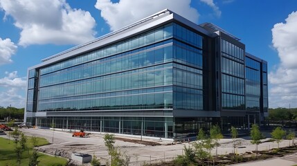 Fototapeta premium Modern corporate office building with glass facade overlooking urban skyline
