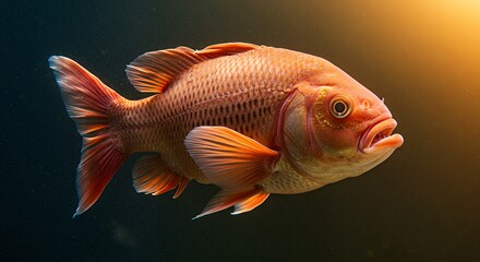 Swimming Orange Fish Underwater with Golden Light in Dark Water