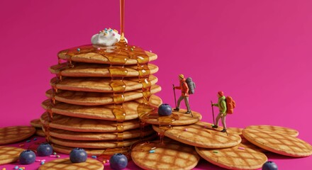Obraz premium Miniature hikers climb pancake stack with syrup and blueberries on vibrant pink background