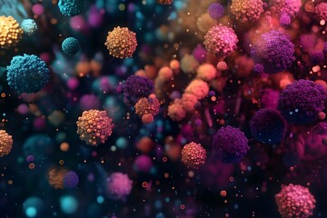 A colorful abstract representation of microorganisms or viruses in a vibrant, 3D-like environment. Concept Abstract Microorganism Art, Vibrant 3D Visualization, Viral Structure Design