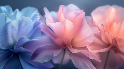 Fototapeta premium Close up of gradient translucent flowers petals. Neon light photography, elegant background. Generative AI