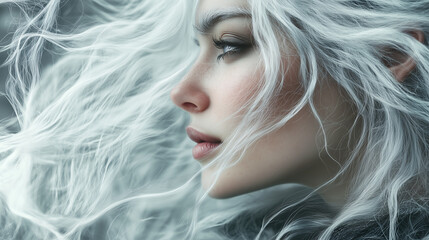 A close-up of an enchantress whispering secrets to the wind, her silver hair flowing around her