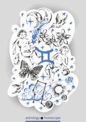 Hand drawn gemini zodiac sign illustration, horoscope background with astrology symbols and talismans. Air element, planets, sun, moon, star constellations.